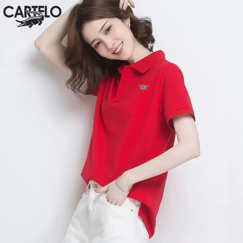 Cartelo鳄鱼POLO衫短袖t恤女装夏季纯棉宽松薄款运动V领休闲上衣