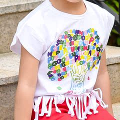 女童夏装短袖T2016新款韩版童装儿童纯棉女宝宝字母印花流苏T恤