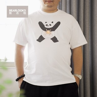 纯棉短袖男士夏季男款国潮t恤印花上衣白色宽松胖子熊猫大码体恤