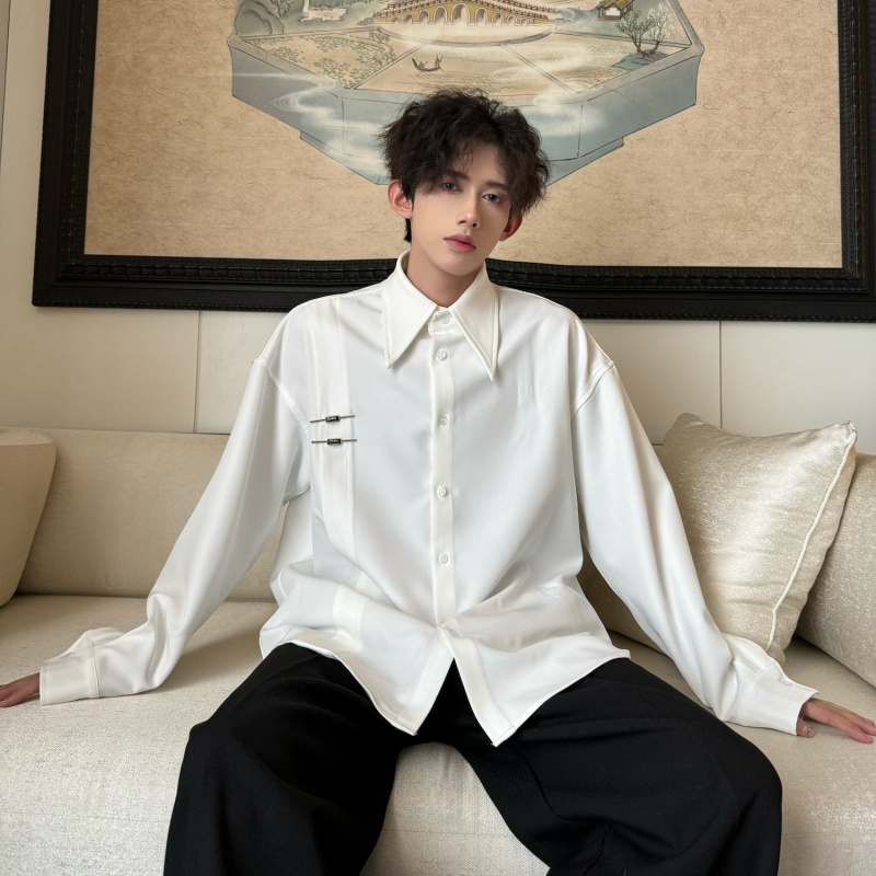 新中式白色翻领冰丝垂感衬衫男生高级感痞帅长袖衬衣那不勒斯外套