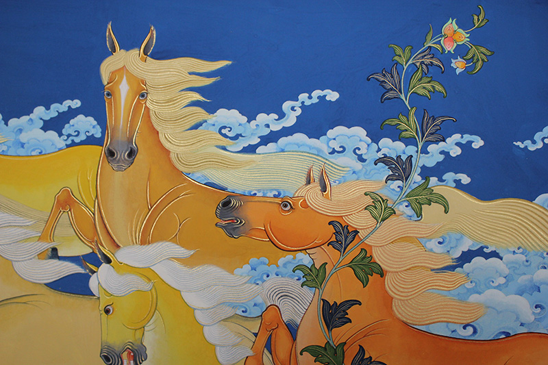 (蒙古)苏和巴特尔《八骏马》蒙古传统布面水彩画