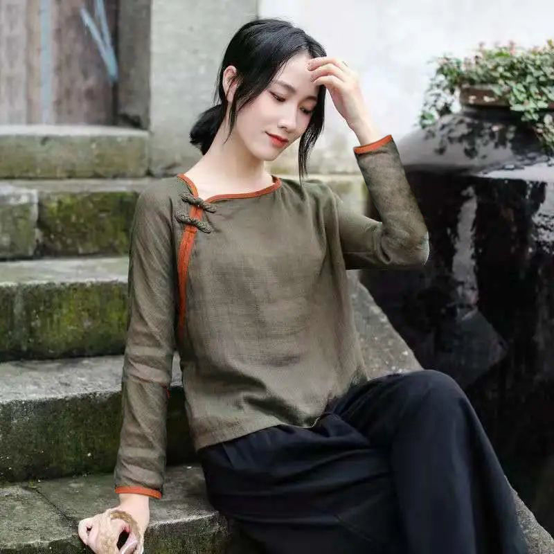 亚麻唐装女夏中国风女装佛系盘扣旗袍上衣茶服禅意茶艺服装禅服