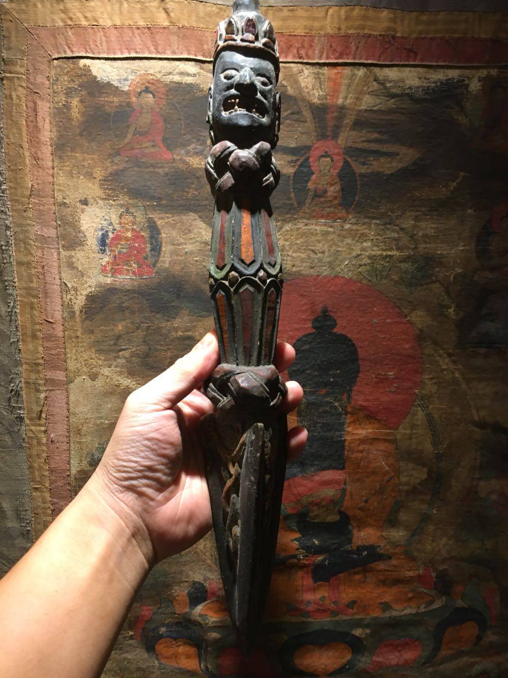 西藏笨波法器木质普巴金刚撅彩绘清代大气势 咨询价