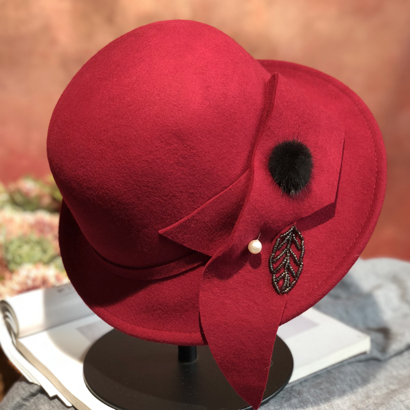 红色帽子女秋冬季韩版潮百搭名媛手工钉珠蝴蝶结羊毛呢礼帽女英伦