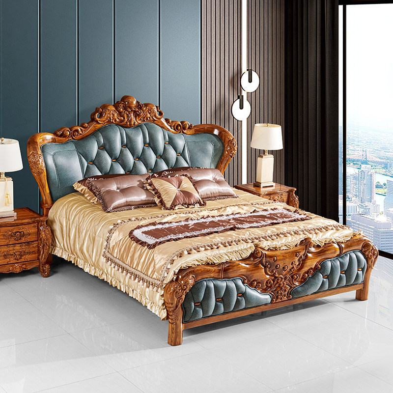 保菲特欧美大床别墅豪华家具双人床乌金木雕花吉象实木主卧真皮床