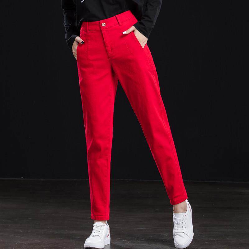 高腰牛仔裤女2021年新款春季红色裤子女小脚哈伦裤宽松九分萝卜裤