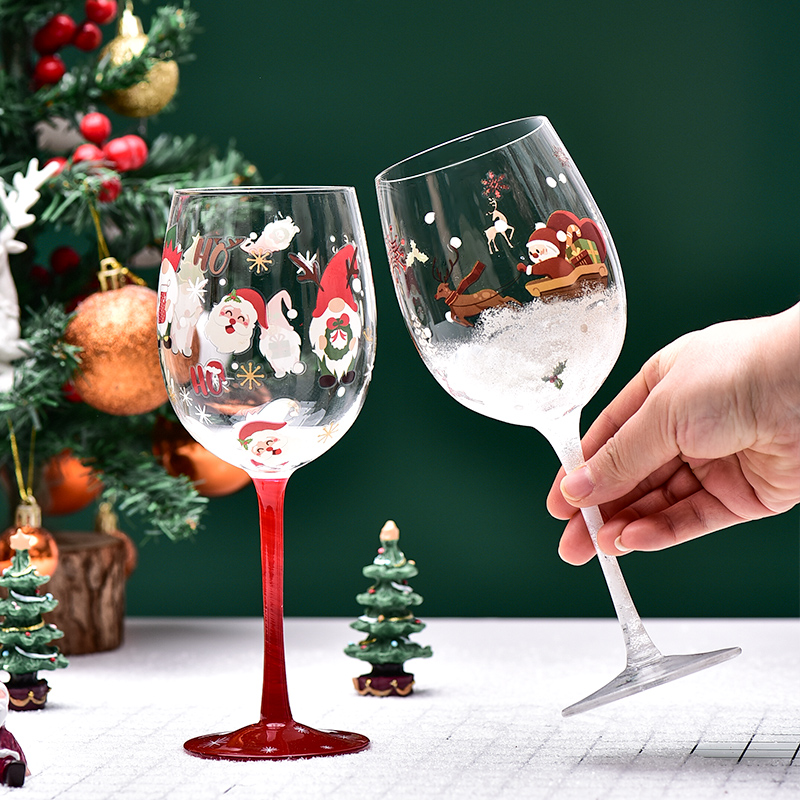 圣诞节礼物摆件彩绘玻璃杯高脚红酒杯葡萄酒杯高颜值氛围感杯子