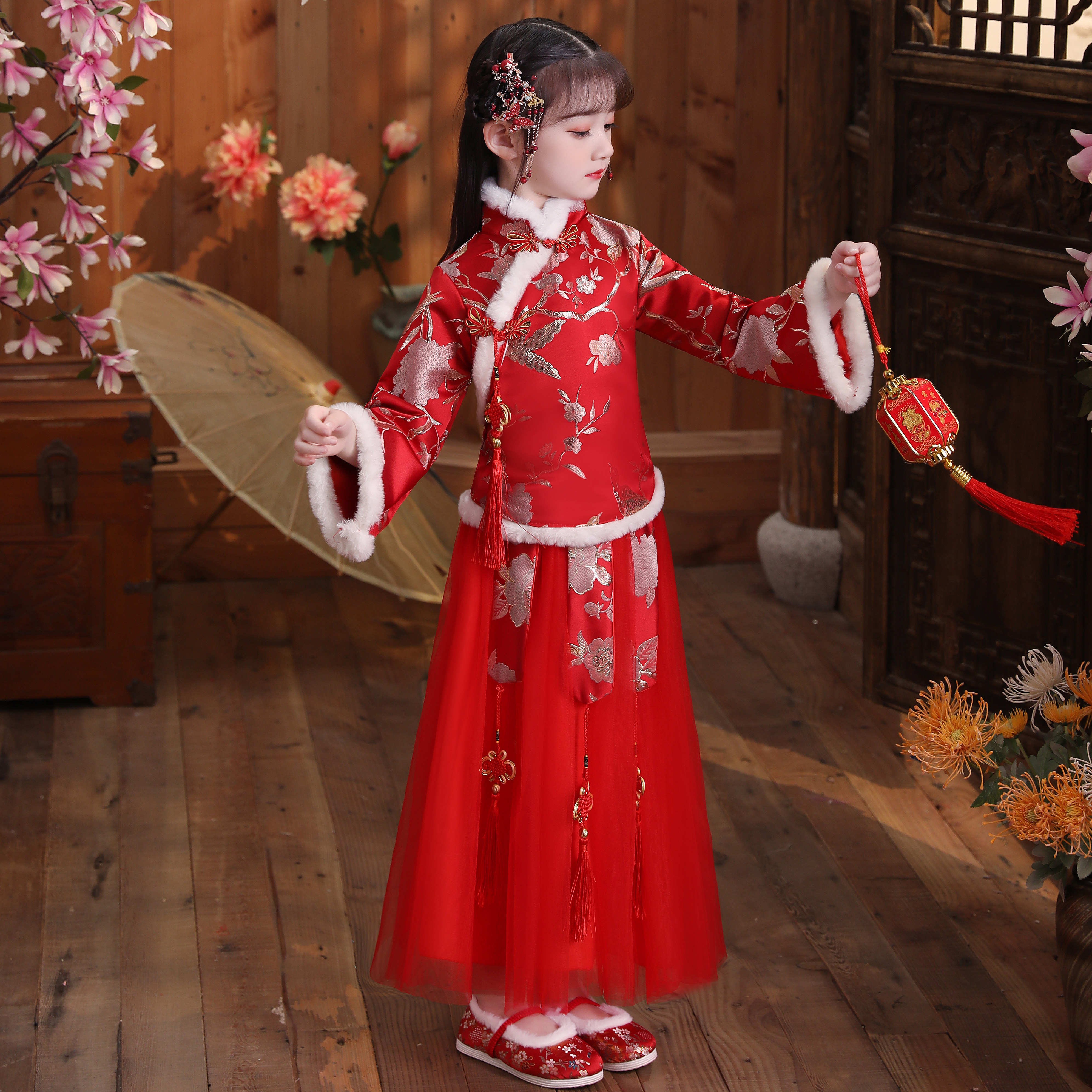 儿童汉服拜年服女童秋冬季女宝宝加厚加绒超仙中国风梅花古装唐装