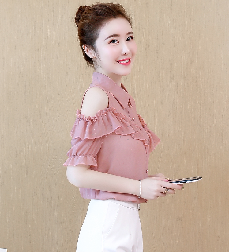 短袖t恤女露肩上衣2022夏天新款韩版百搭荷叶边很仙的漏肩雪纺衫