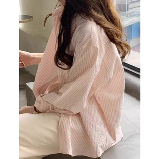 法式粉色条纹长袖防晒衬衫女夏季2024新款宽松高级小个子衬衣外套