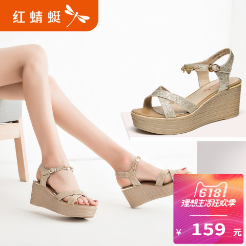红蜻蜓女凉鞋2018夏季新款正品时尚链条一字扣坡跟厚底高跟女鞋子