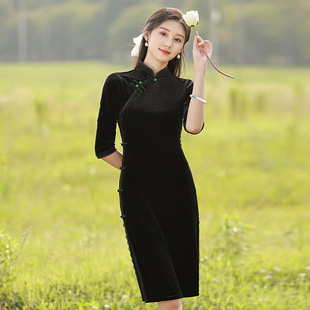 2023年秋装新黑色复古丝绒旗袍年轻款长袖礼服气质少女连衣裙优雅
