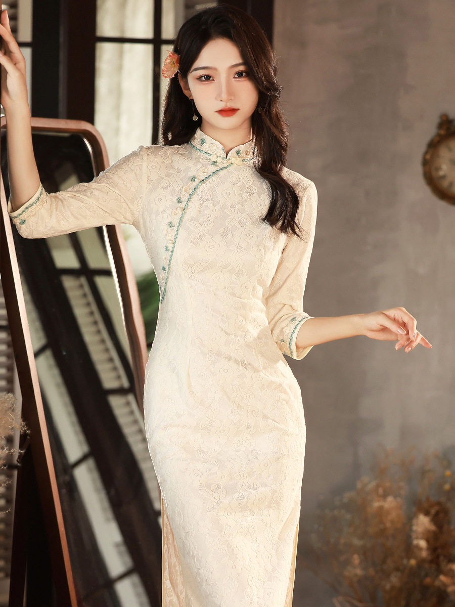 米白针织提花旗袍2022年秋季新款长袖复古改良民国风年轻款老上海