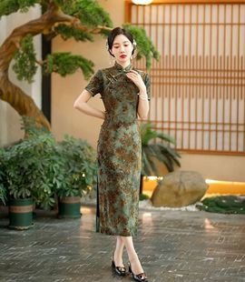 2024年新款旗袍女中国风设计感复古扎染印花优雅植绒提花改连衣裙