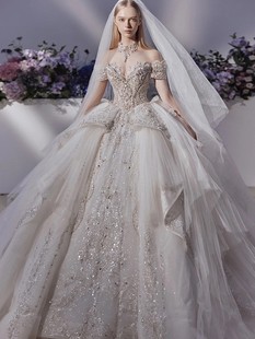 重工主婚纱2024新款新娘在逃公主小个子大码拖尾高级一字肩高端裙