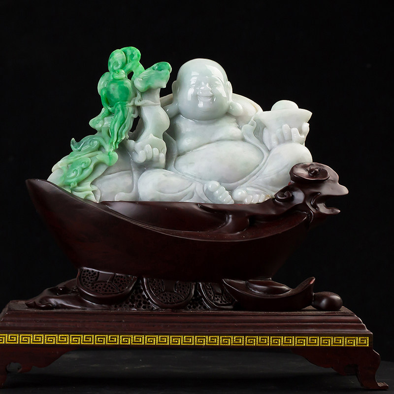 赵玉谦工作室作品 恒盛元翡翠 a货 冰糯种绿色大肚佛摆件590g