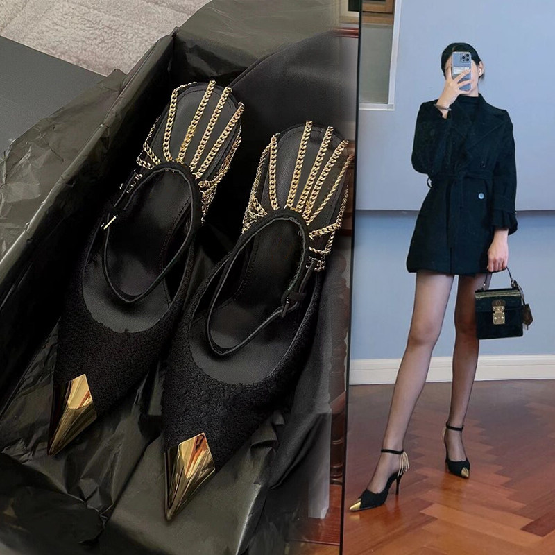 【徐小胖】rose朴彩英同款链条高跟鞋女性感金属尖头一字扣带凉鞋