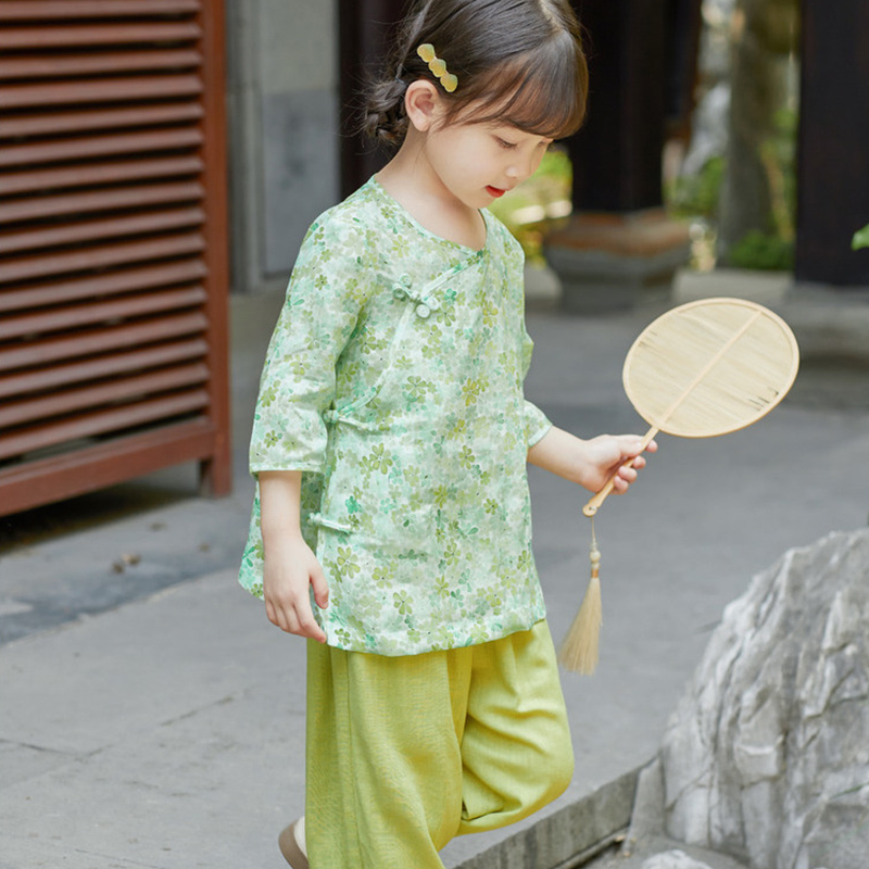 女童汉服短袖套装2024新款夏季宝宝复古棉麻两件套儿童唐装衣服