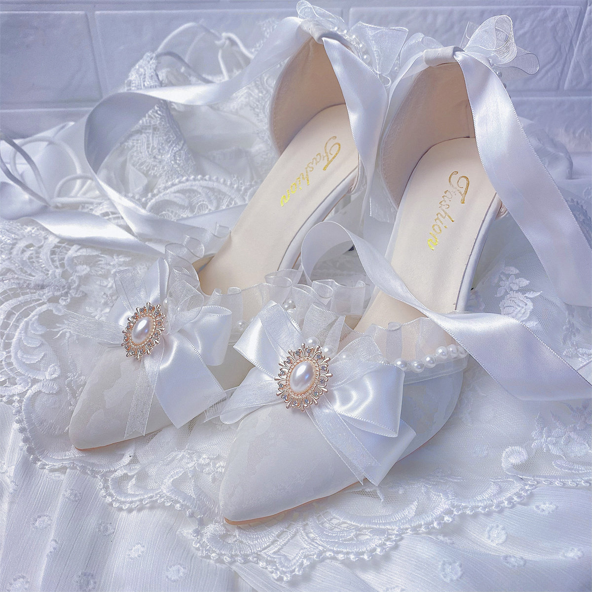 原创手作花嫁lo鞋白月光百搭法式尖头优雅高跟鞋洛丽塔婚鞋系带