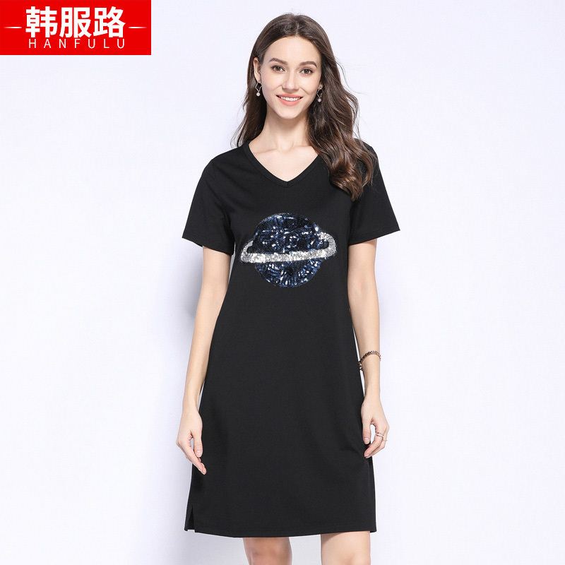 韩服路大码女装2019夏季新款胖mm简约时尚亮片中长款T恤V领连衣裙在类目 女装/女士精品, 大码女装中 - 来自Buy2taobao.com提供专业的淘宝代购服务