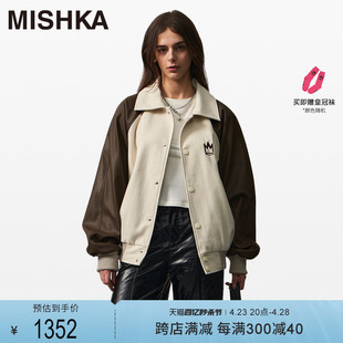 MISHKANYC大眼球女春秋冬美式复古小个子毛呢棒球服夹克外套短款