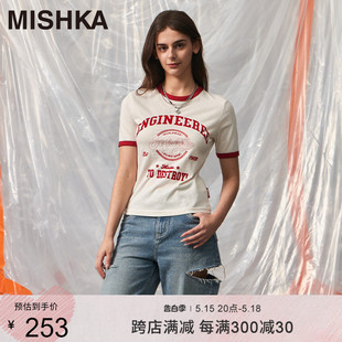 MISHKA2024年夏季新款美式复古阿美咔叽打底衫正肩女士短袖T恤夏