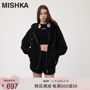 MISHKA美式设计感oversize宽松黑色开衫双拉链连帽卫衣外套男女