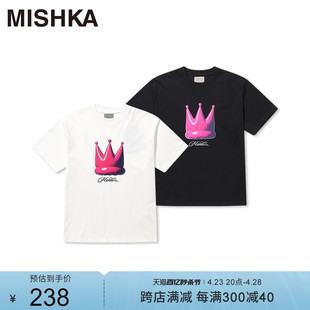 MISHKA美式复古潮牌2024新款夏季白色短袖T恤女宽松上衣夏季纯棉