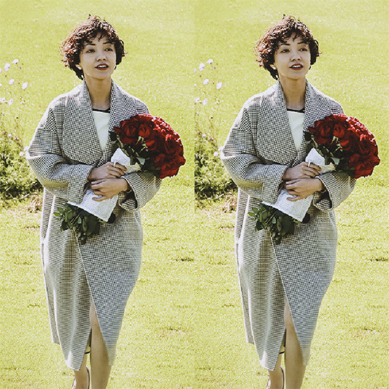 姜喜宝郭采洁明星同款复古百搭中长款大衣毛呢千鸟格子大领女外套