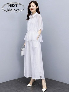 香港大码高级感白色五分袖套装女2024夏款时尚衬衫阔腿裤两件套潮