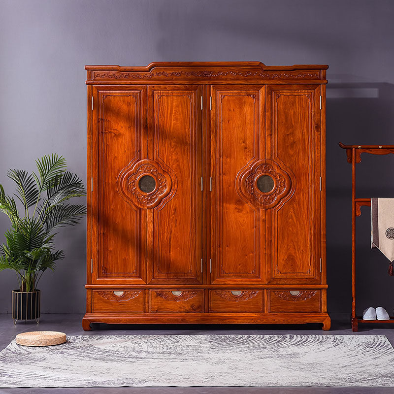 红木家具缅甸花梨木居家衣柜大果紫檀实木中式四门储物衣橱置物柜