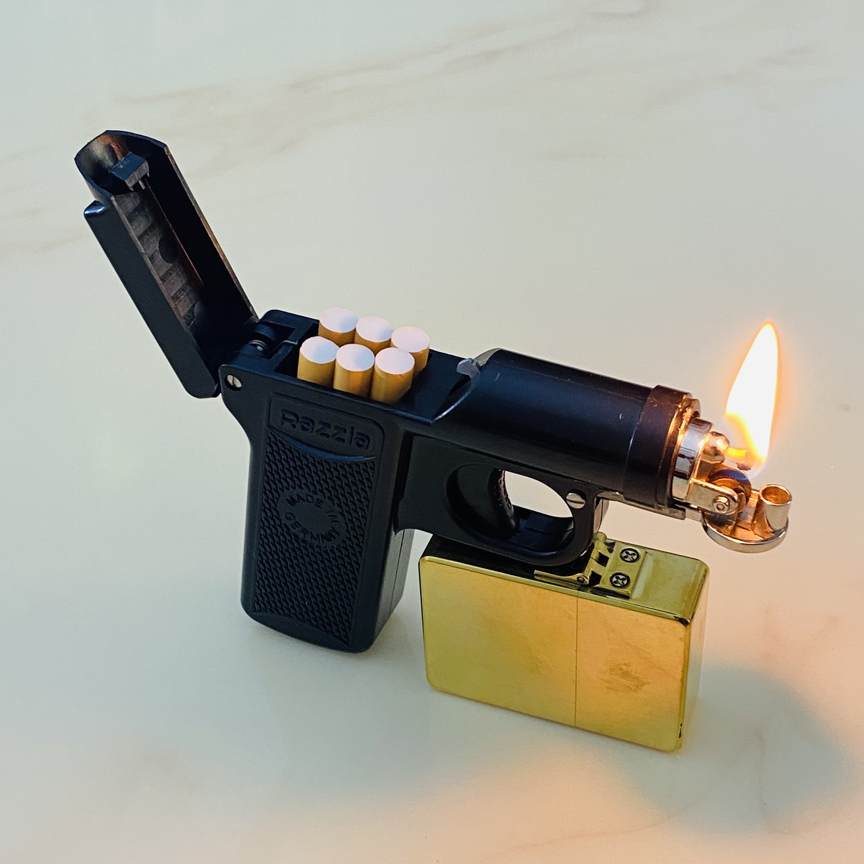 手工复刻德国razzia远征手枪式烟盒两用煤油打火机男创意模型道具