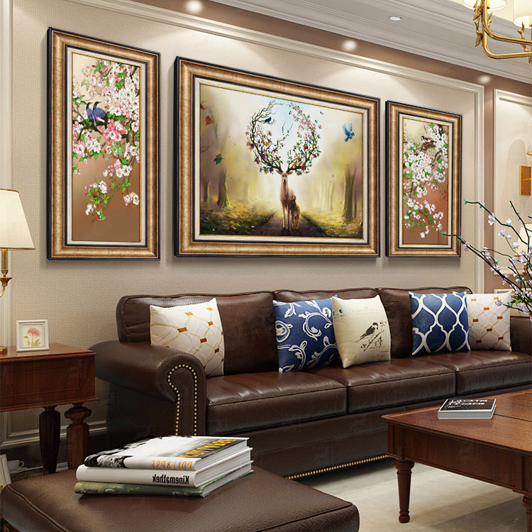 欧式大气客厅装饰画沙发背景墙画简欧轻奢麋鹿挂画美式三联画壁画