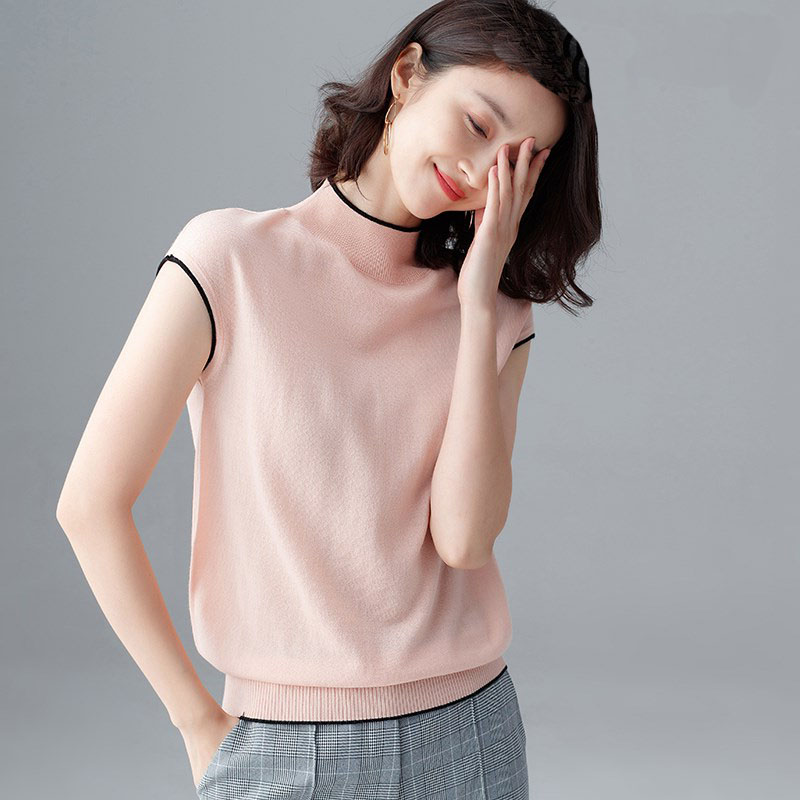 薄款针织衫短袖上衣2020新款立领内搭打底女人味t恤