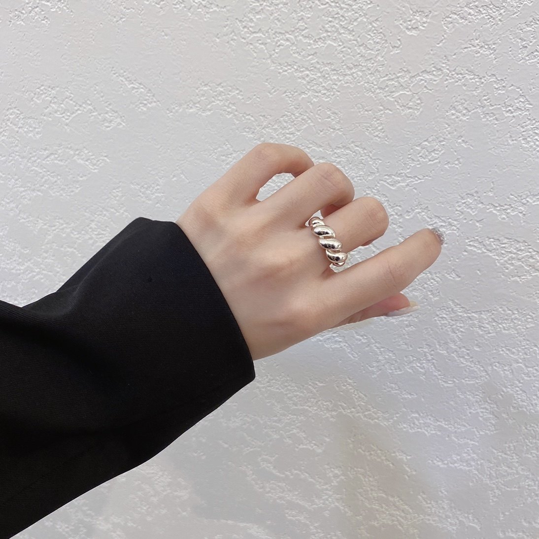 韩国东大门925纯银麻花ins风戒指女简约可调节开口牛角包指环