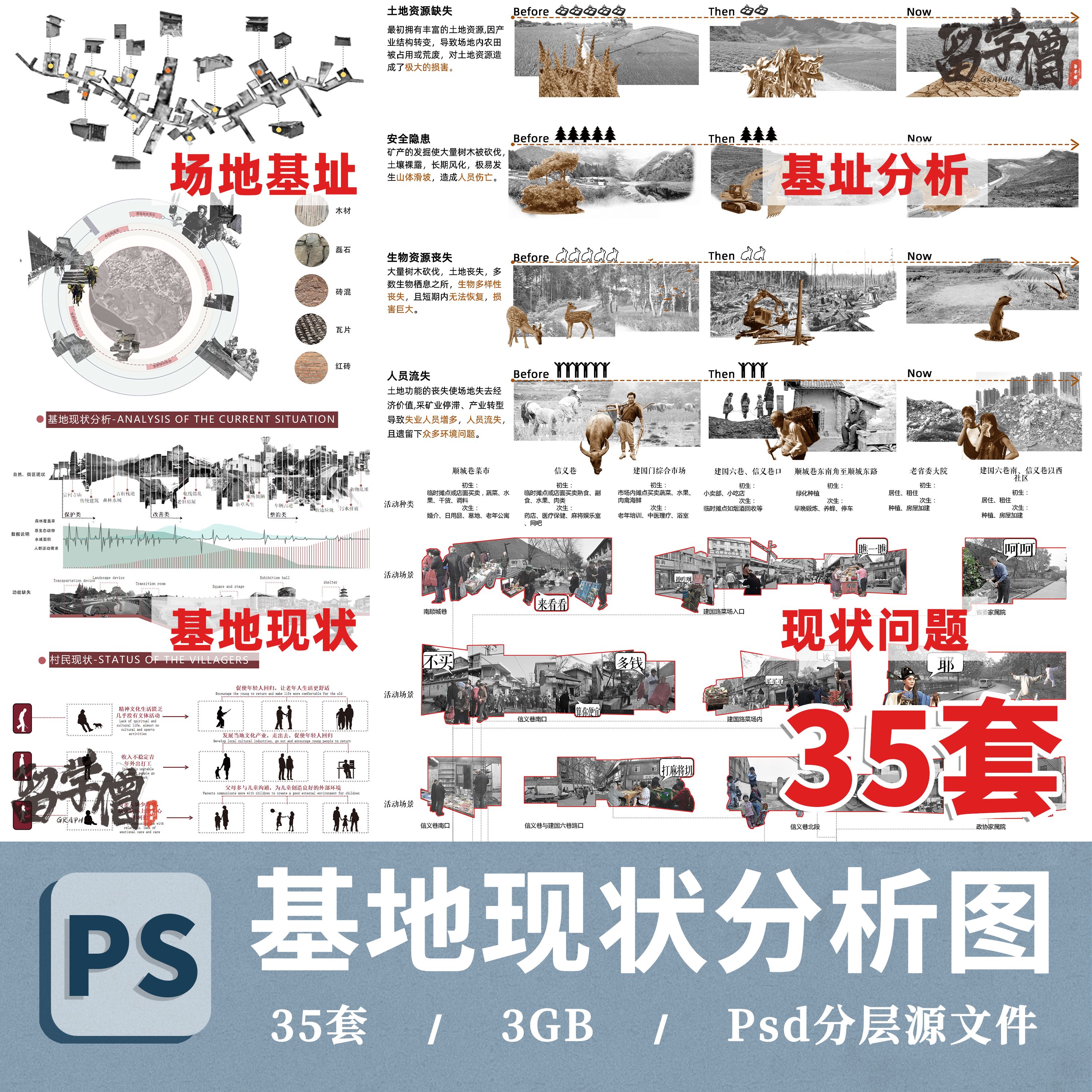 竞赛风区位场地空间基地现状问题建筑景观前期分析图PSD分层展板