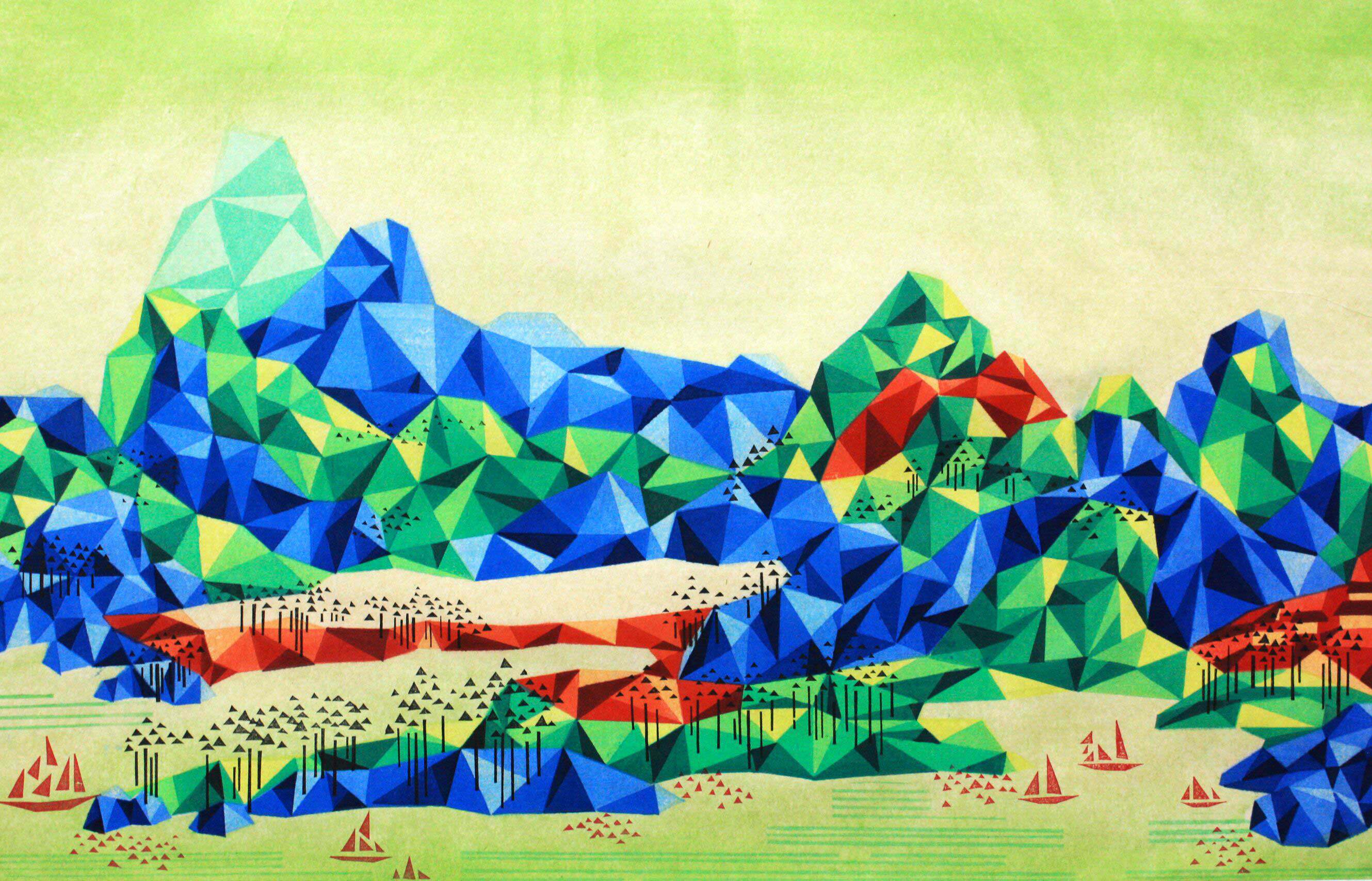 英国木版教育信托木版奖提名作品 曹欧《几何山水6》