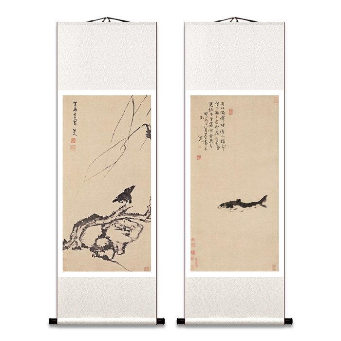 八大山人朱耷游鱼杨柳浴禽图禅意新中式卷轴挂轴仿古字画茶楼茶室