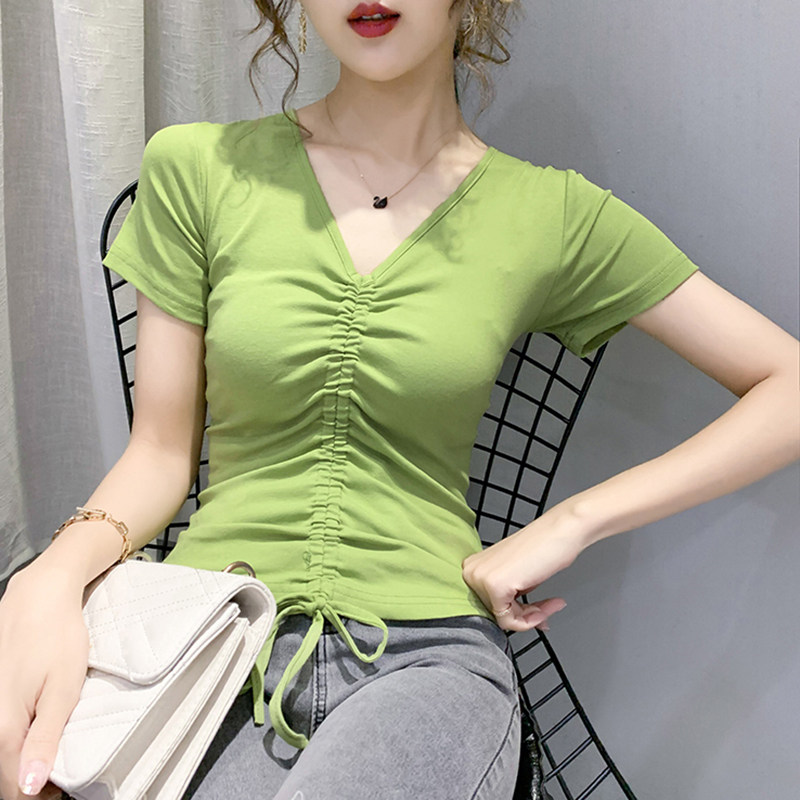 欧洲站v领抽绳t恤女短袖牛油果绿纯棉上衣百搭抹茶绿紧身半袖体桖
