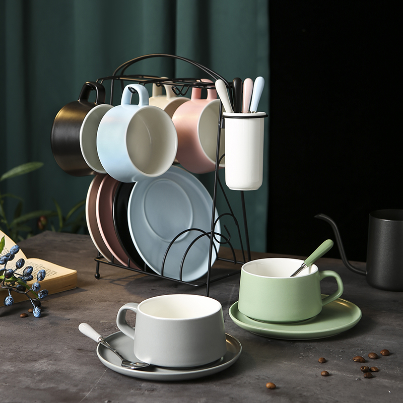 北欧简约咖啡杯套装马卡龙色家用下午茶咖啡杯碟带勺喝水陶瓷杯子