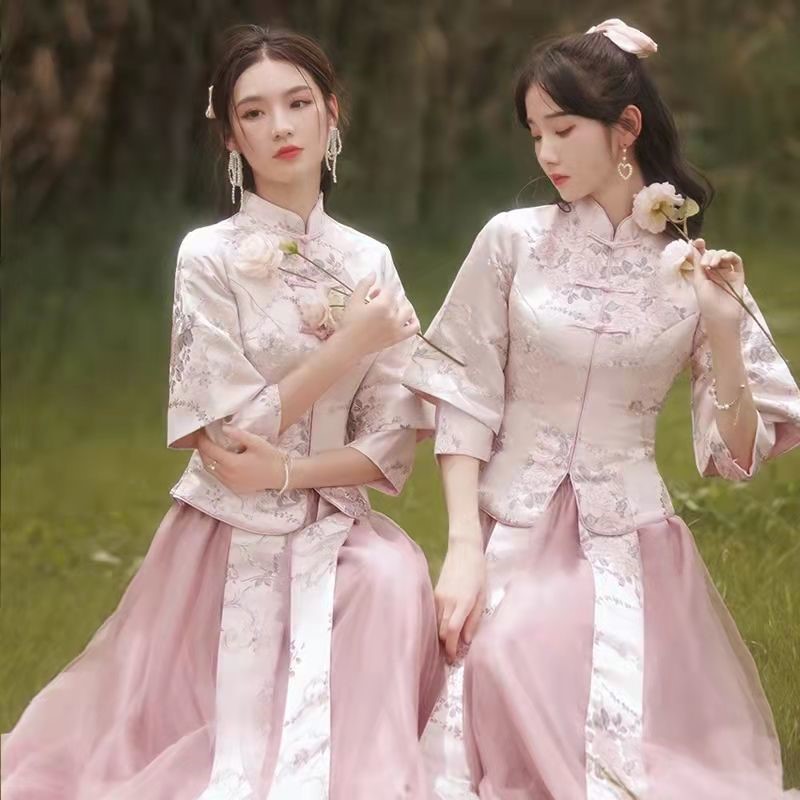中式伴娘礼服2021秋冬新款中国风姐妹团长款显瘦合唱演出晚礼服女|ruв категории Женская одежда, Cвадебные платья, платье/вечернее платье - от Buy2taobao.com для оказания профессиональной услуги покупки агента Taobao
