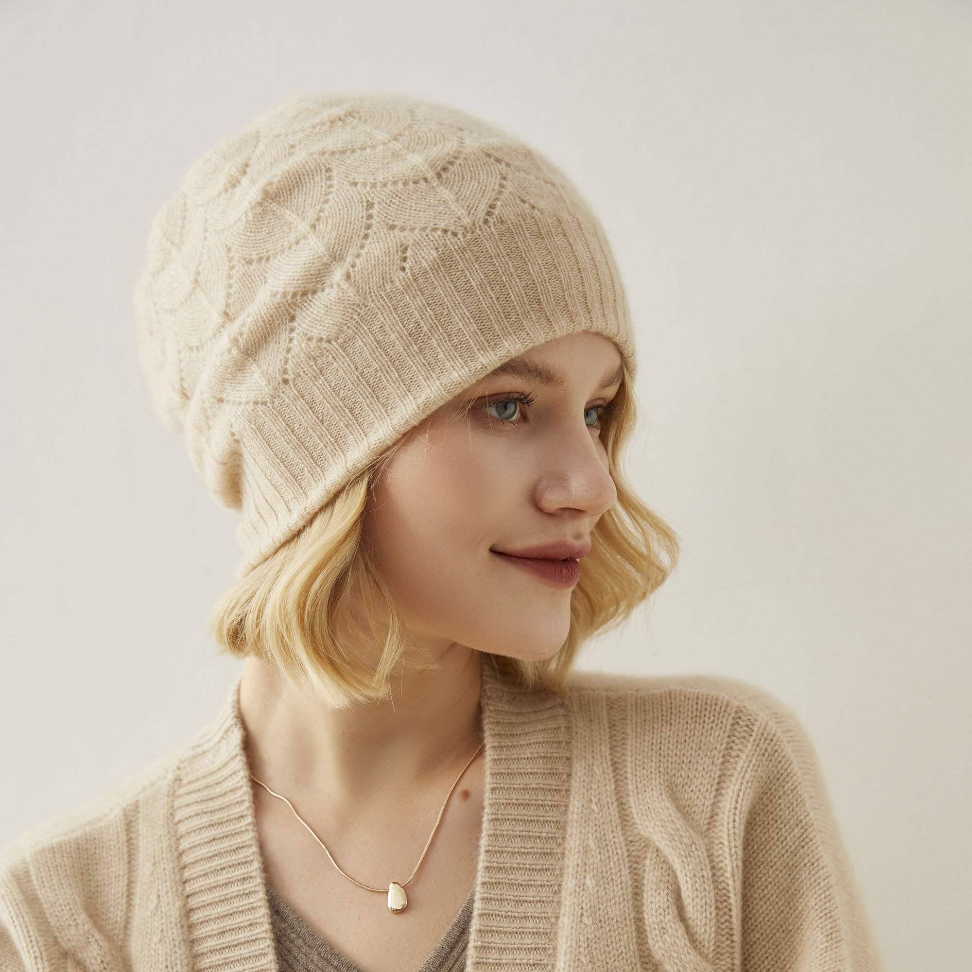 21冬季100纯山羊绒帽子女士双层加厚纯色镂空帽子堆堆帽百搭潮