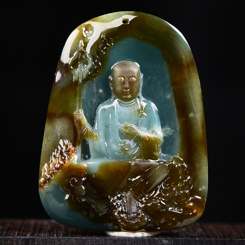 杨树明大师监制作品天然缅甸a货翡翠黄加绿地藏王菩萨吊坠45.89g