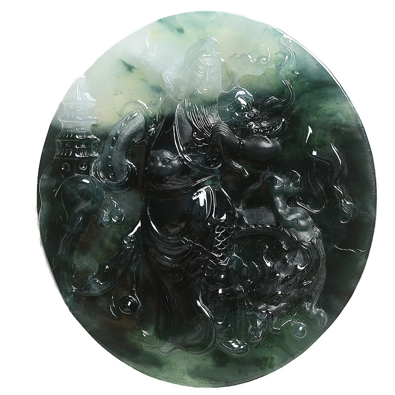 杨树明大师工作室作品天然缅甸a货翡翠冰种关公吊坠60.70g