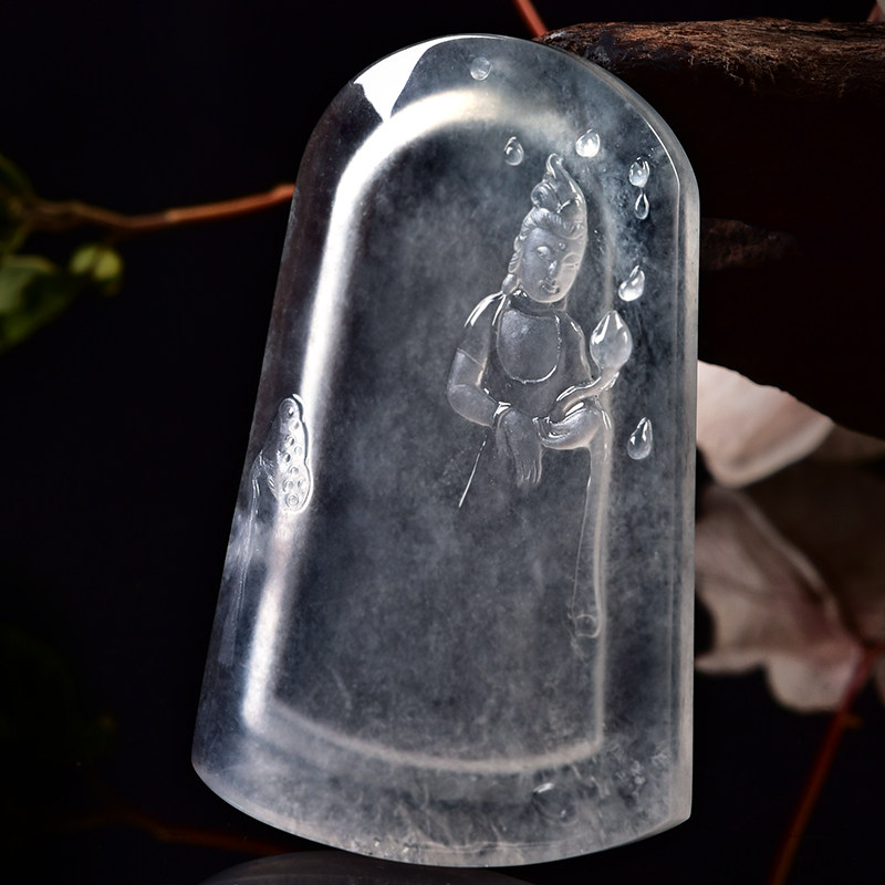 杨树明大师作品天然a货翡翠玻璃种观音吊坠36.21g