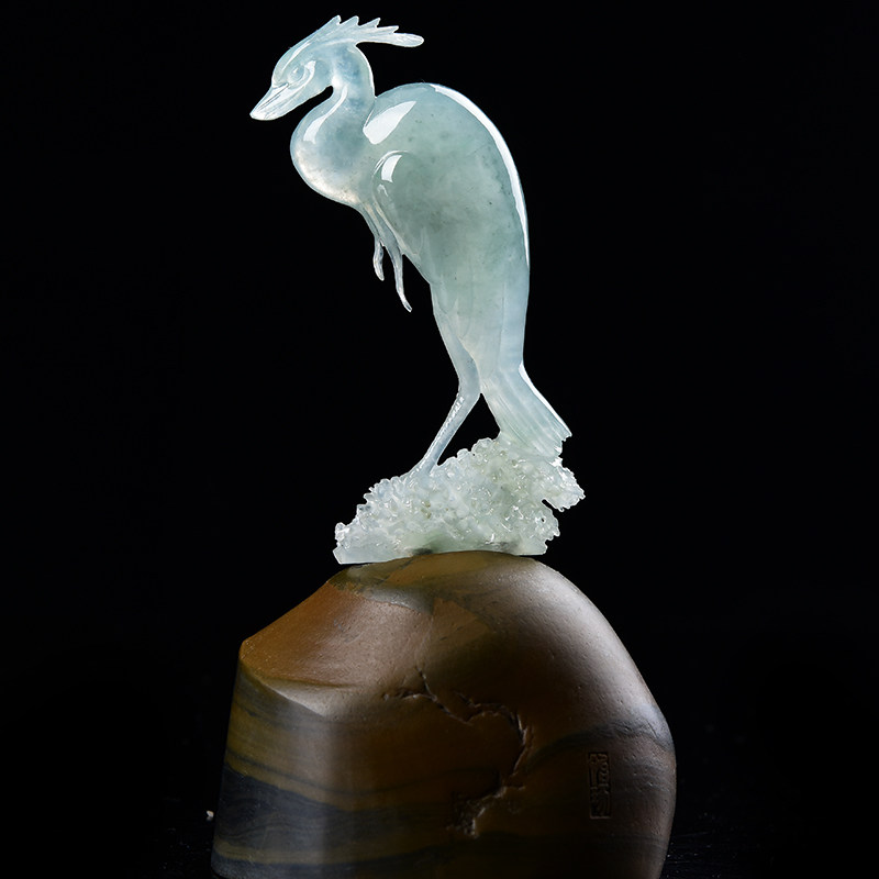 杨树明大师工作室作品天然a货翡翠冰种仙鹤摆件20.92g