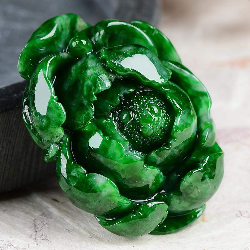 杨树明大师工作室作品天然缅甸a货翡翠满绿牡丹花开吊坠21.65g