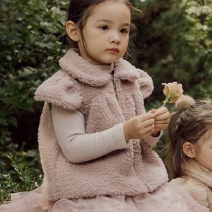 韩国女童羊羔绒马甲2023冬款韩版女孩拉链翻领羊羔绒马甲棉背心