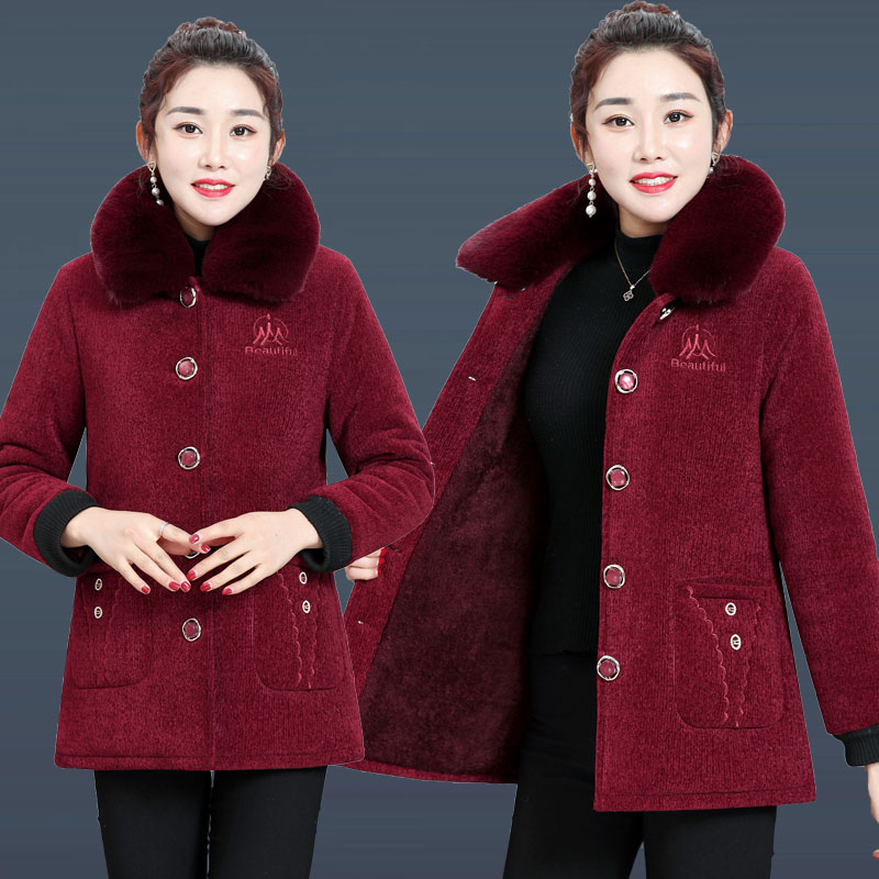妈妈棉衣外套女加绒加厚中年棉服秋冬装纯棉灯芯绒洋气中老年棉袄