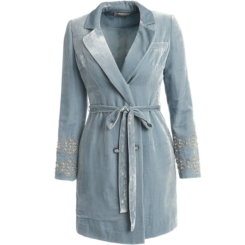 蚕丝绒长袖手工绣花钉珠外套女新英伦风配重工腰带 - veramoon新优雅